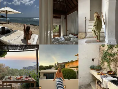 Collage of guests relaxing on a beach bed, in a villa and on a terrace