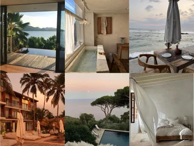 Collage of organic photography: infinity pool, stone bath, beach dining and bedroom